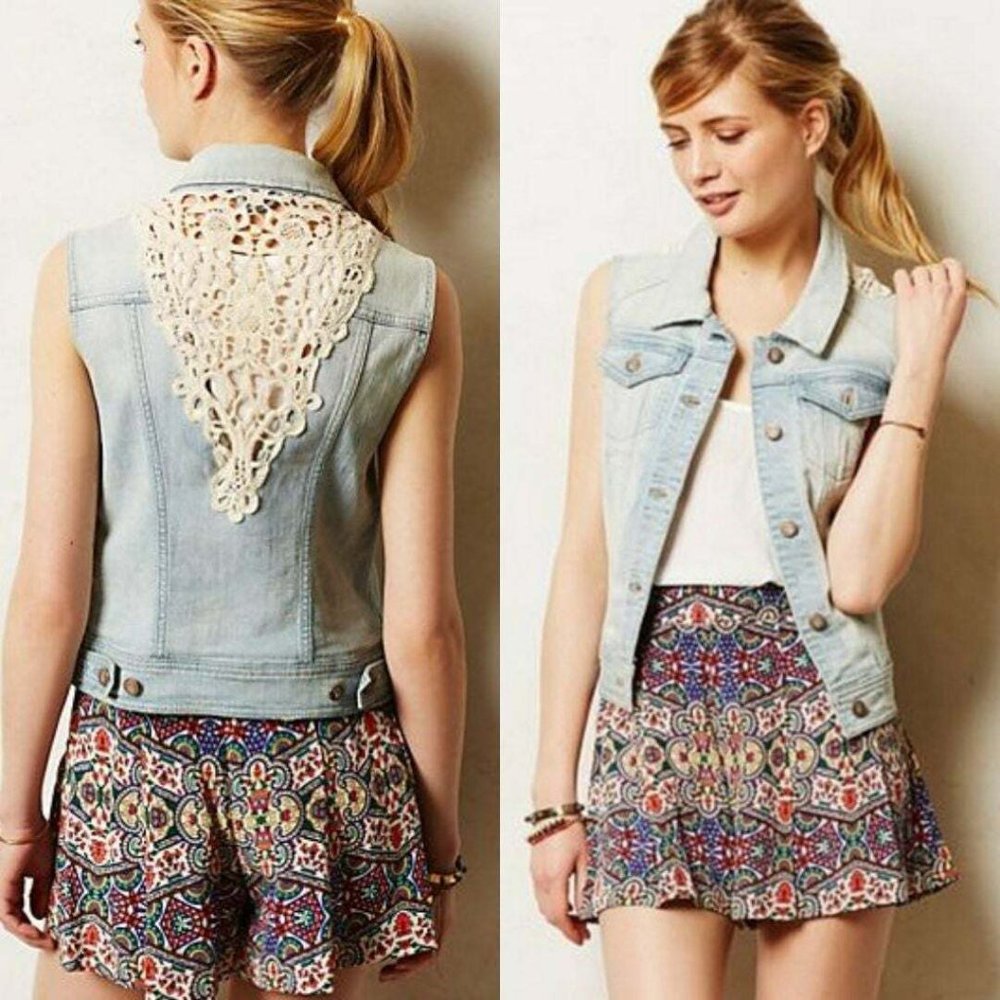 NEW Anthropologie Pilcro & the Letterpress Denim/Crochet Sleeveless Jacket Sz S